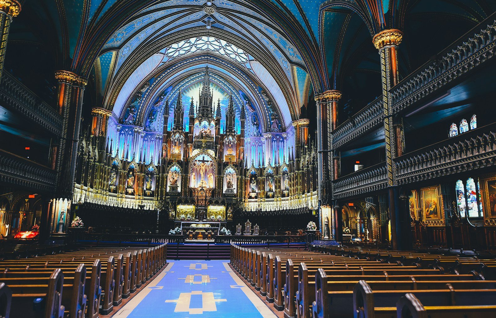 Real photograph of the ornate interior of Notre-Dame Basilica in Montreal